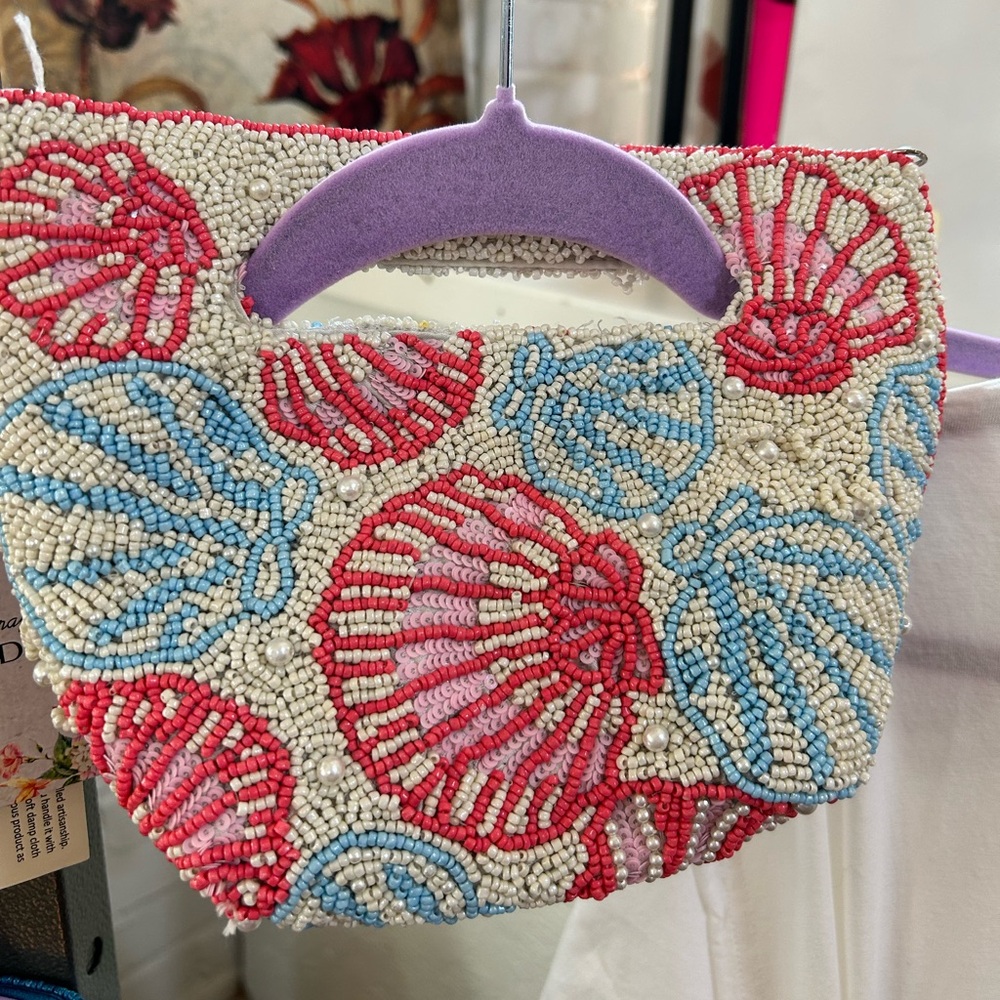 Beaded Shell Pattern Clutch - Red, Blue, and White